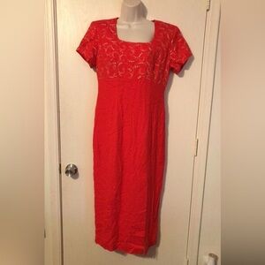 Vintage 80s Jessica Howard Red w/Gold Embroidery Dress Zip Back Sz 6 Linen Feel